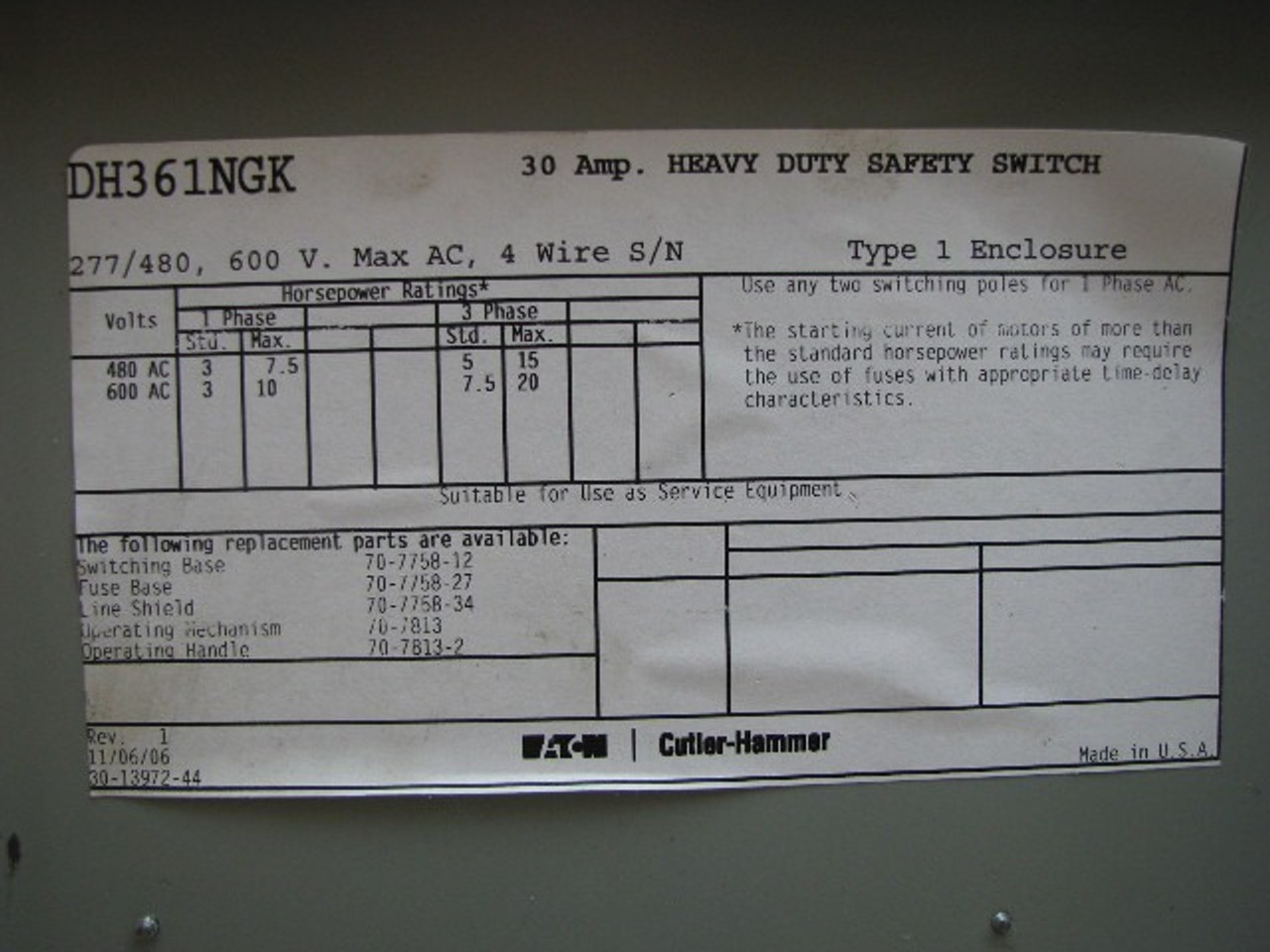 Eaton Cutler-Hammer DH361NGK 30 Amp Heavy Duty Safety Switch