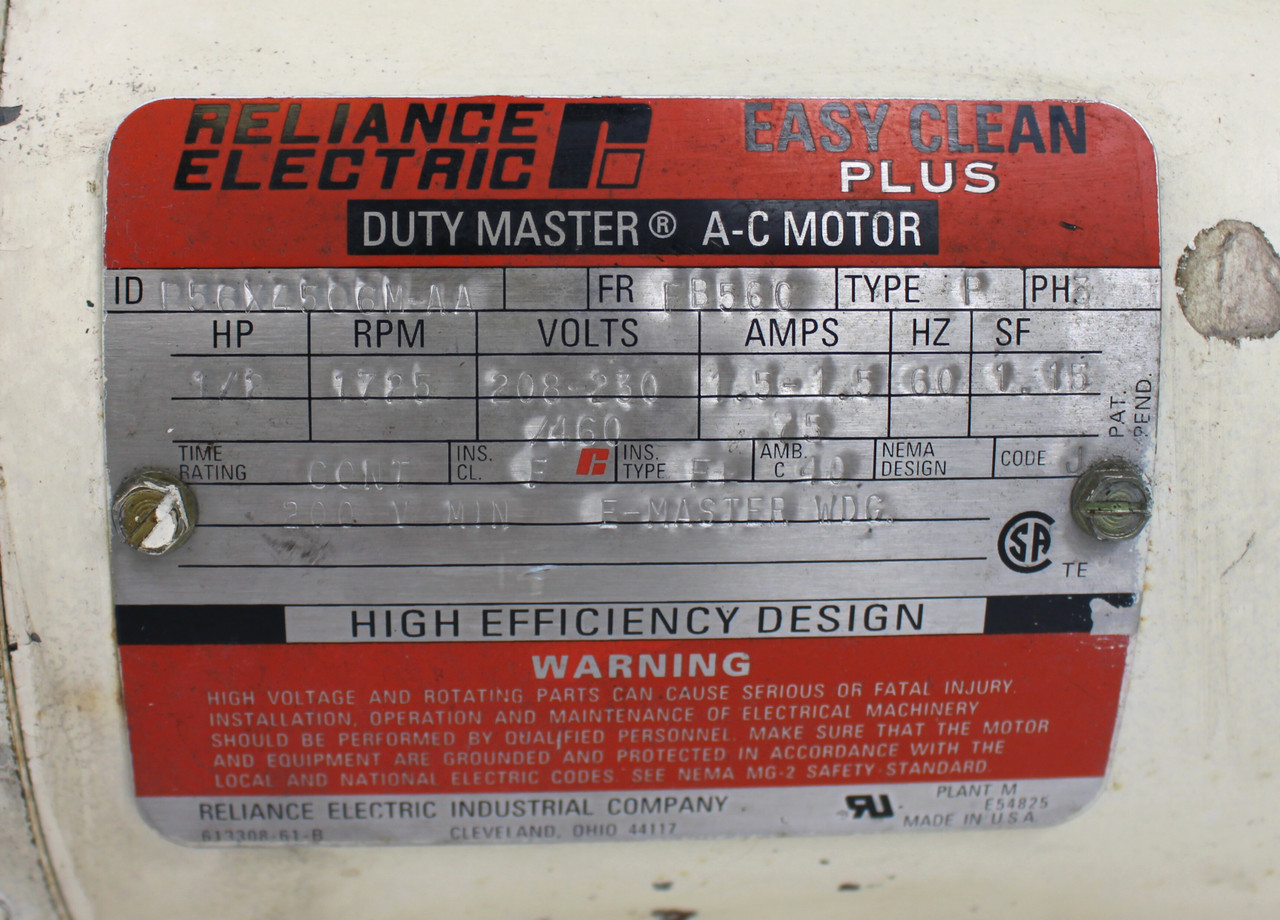 Reliance P56X4506M-AA 1/2 Hp 208-460V Washdown Motor, SBKF721-30S-B5-G Boston Gear Reducer 3:1