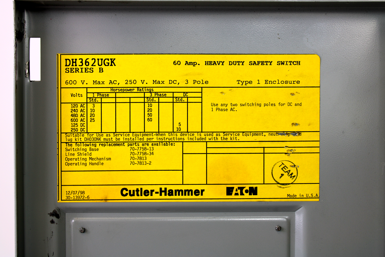 Eaton Cutler-Hammer DH362UGK Ser. B Heavy Duty Safety Switch, 3-Phase