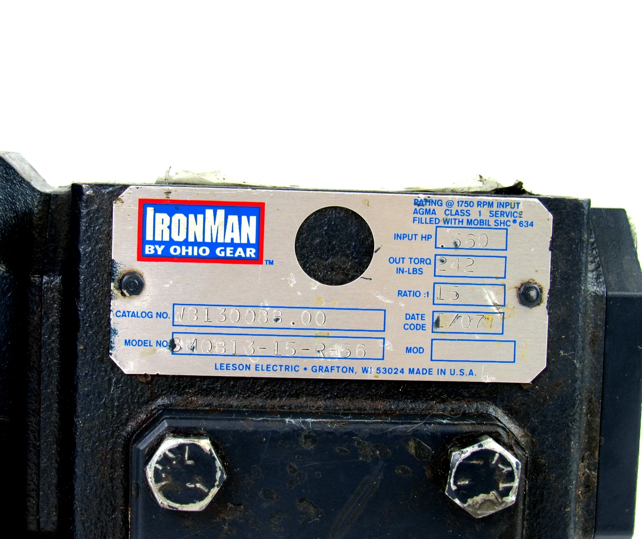 Leeson 108014.00 Electric Motor, 1/2HP w/ IronMan W8130088.00 Gear Reducer  15:1