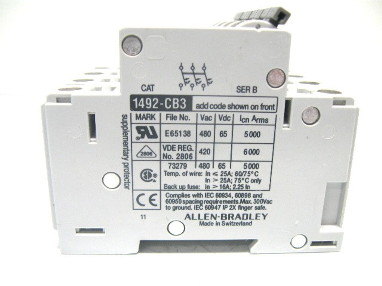 Allen Bradley 1492-CB3H040 and 1492-ACBH1 Circuit Breaker 277 Vac, 125 Vdc 4 Amp