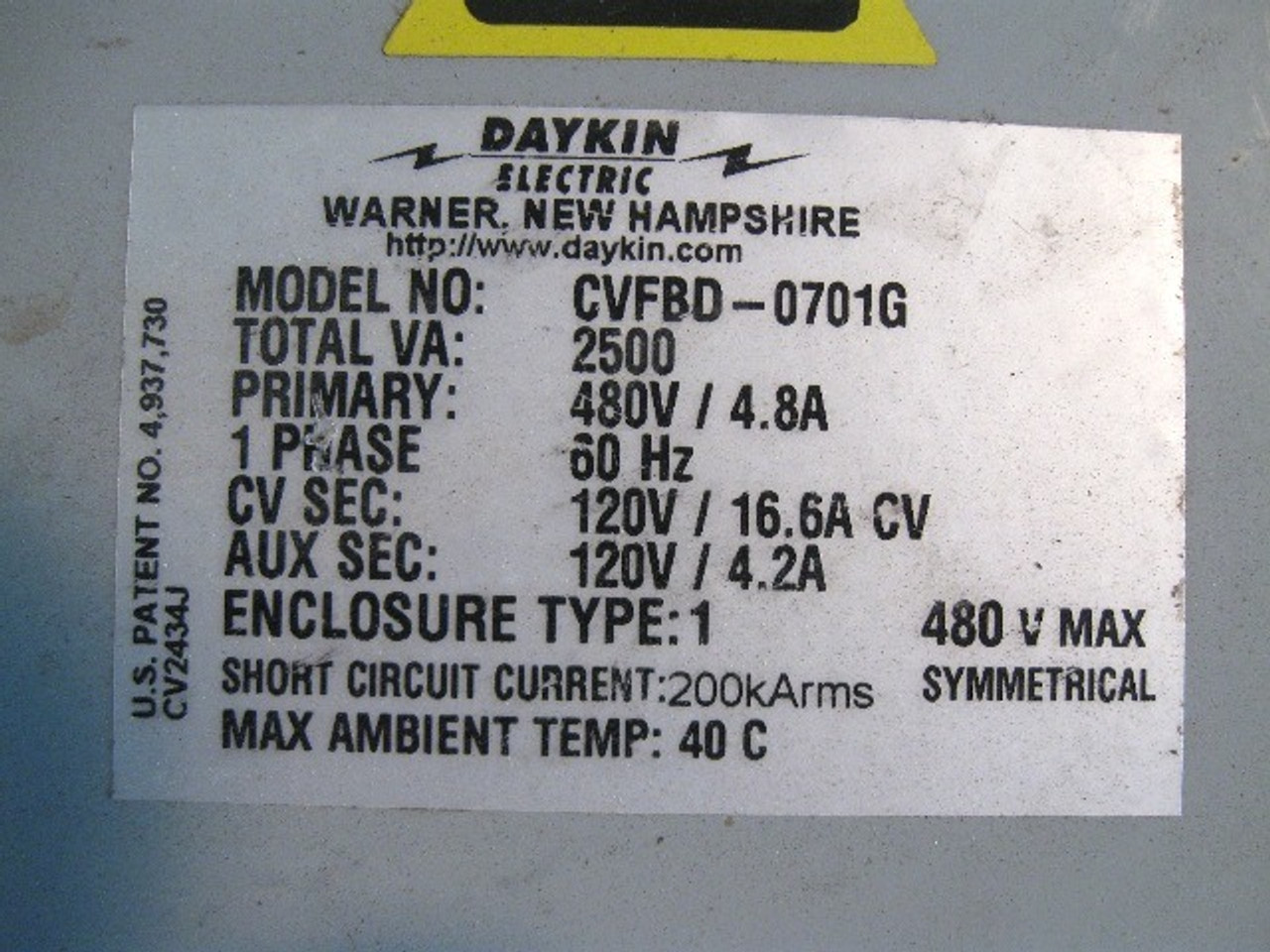 Daykin CVFBD-0701G Transformer  Pri 480 Vac Sec 120Vac 2500 Va Single phase