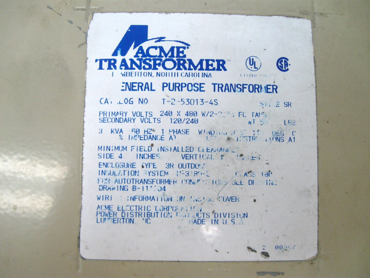 Acme T-2-53013-4S 3Kva Single Phase Transformer 240/480V Primary 120/240 V Sec