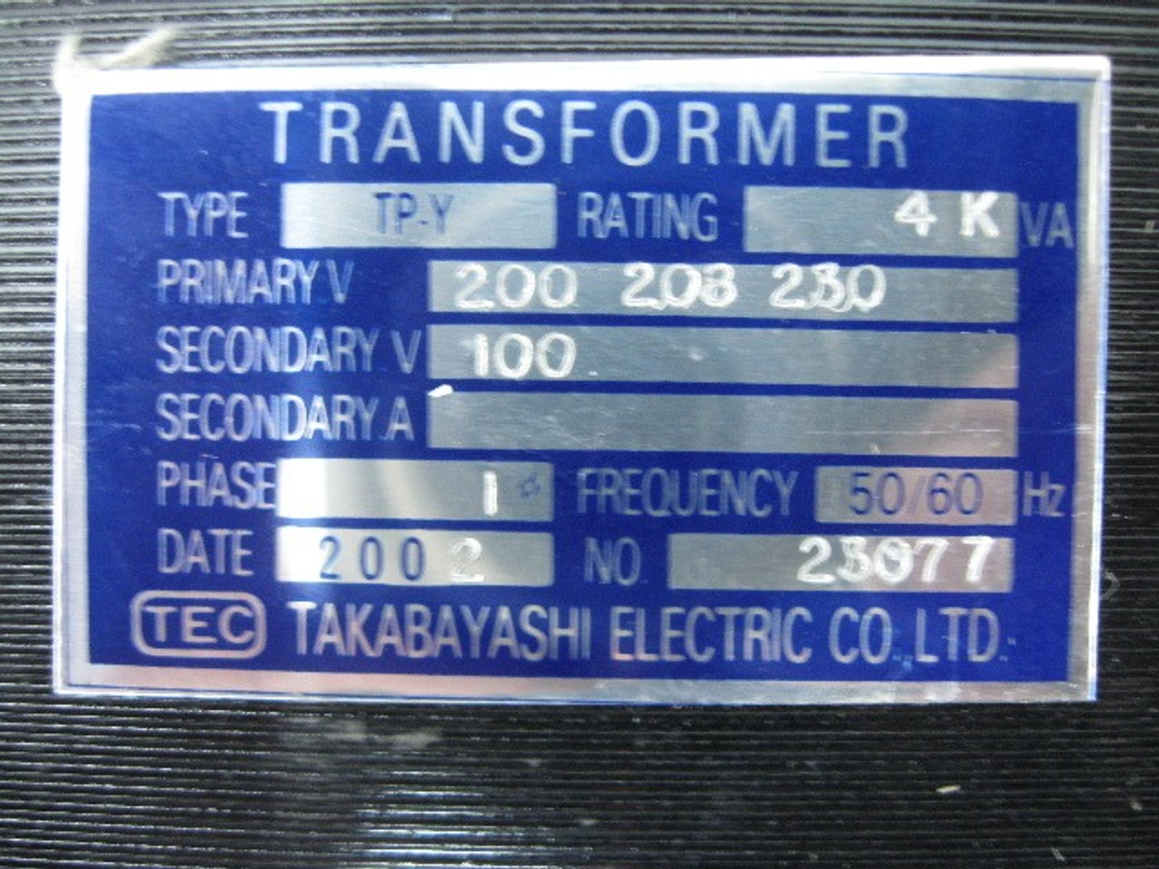 TEC Takabayashi TP-Y Transformer  Pri 200/208/230 Vac Sec 100Vac  4 KVA