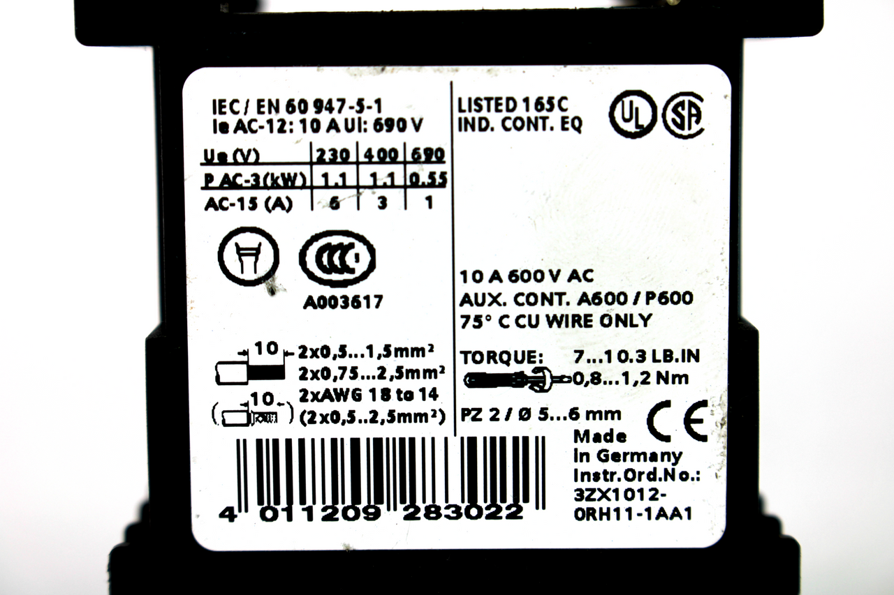 Siemens 3RH1140-1AK60 Contactor Relay, 110/120V