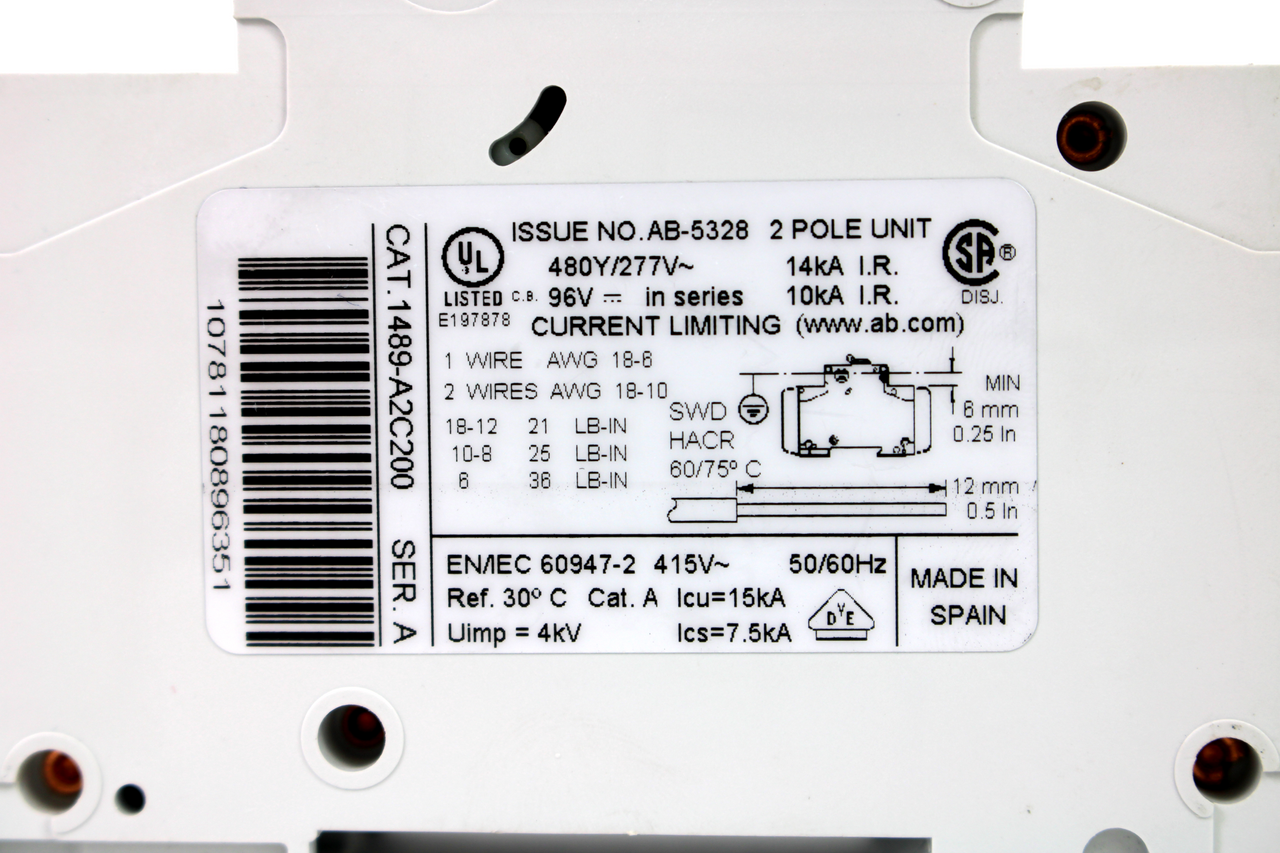 Allen Bradley 1489-A2C200 Ser. A Circuit Breaker, 20 Amp, 277/480Y VAC, 96V DC