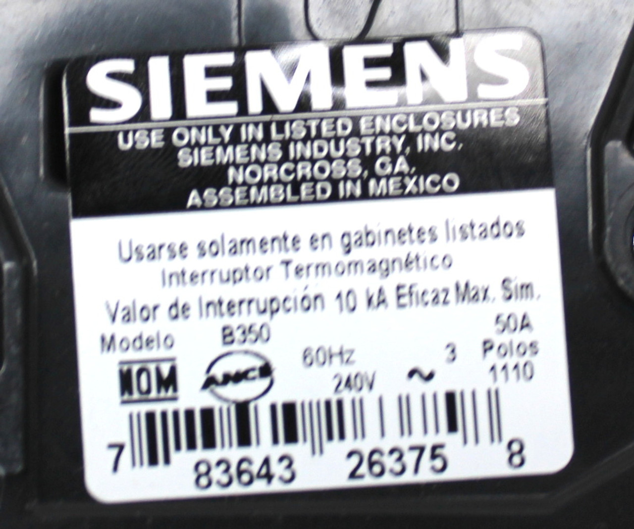 Siemens B350 Circuit Breaker 3 Pole, 50 Amp, 240V