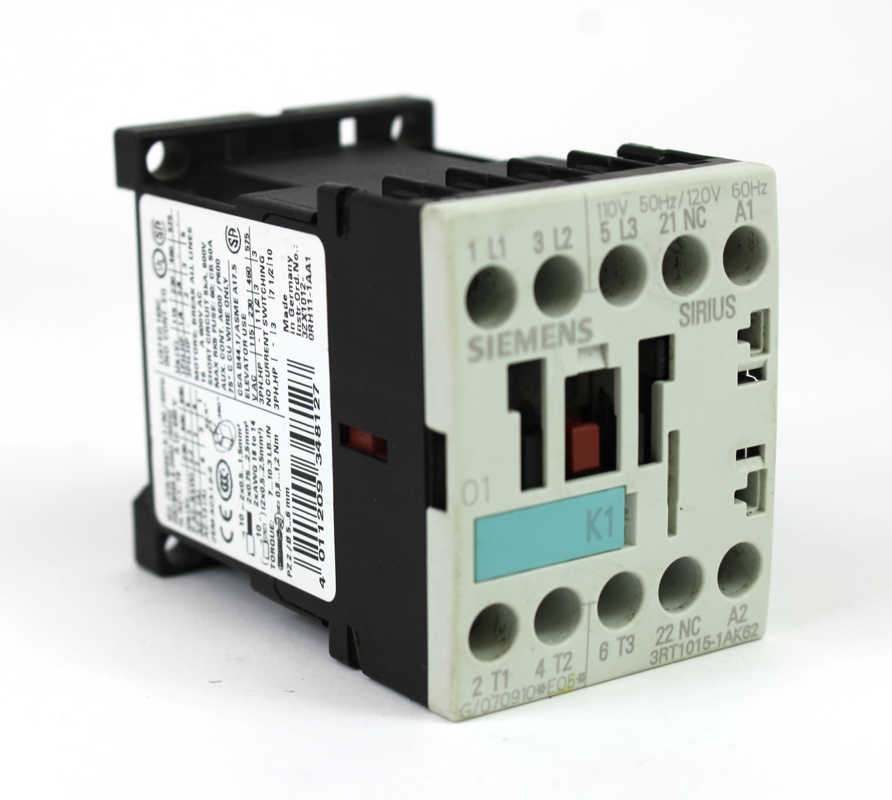 Siemens 3RT1015-1AK62 Contactor Relay, 110/120V