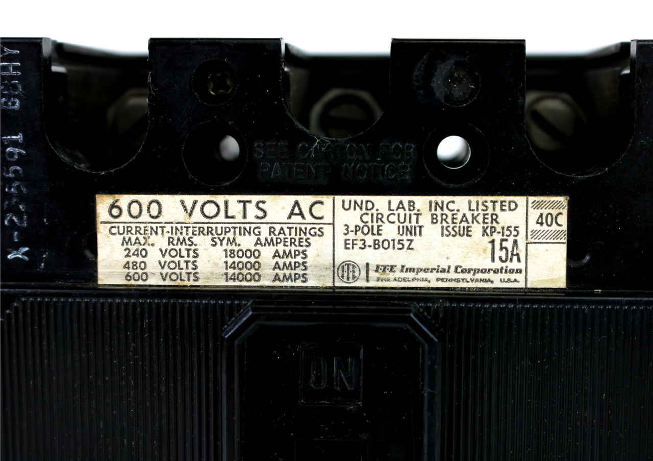 ITE EF3-B015Z Circuit Breaker, 15 Amp, 3-Pole, 600V AC