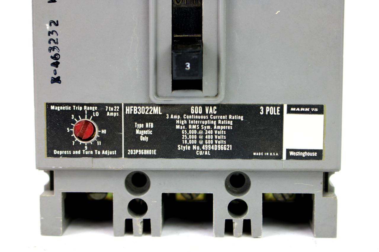 Westinghouse HFB3022ML Circuit Breaker, 3 Amp, 3-Pole, 600V AC