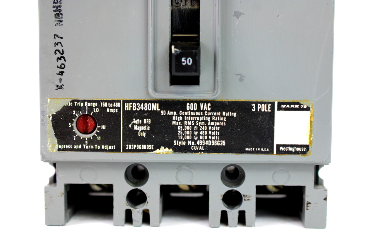 Westinghouse HFB3480ML Circuit Breaker, 50 Amp, 3-Pole, 600V AC