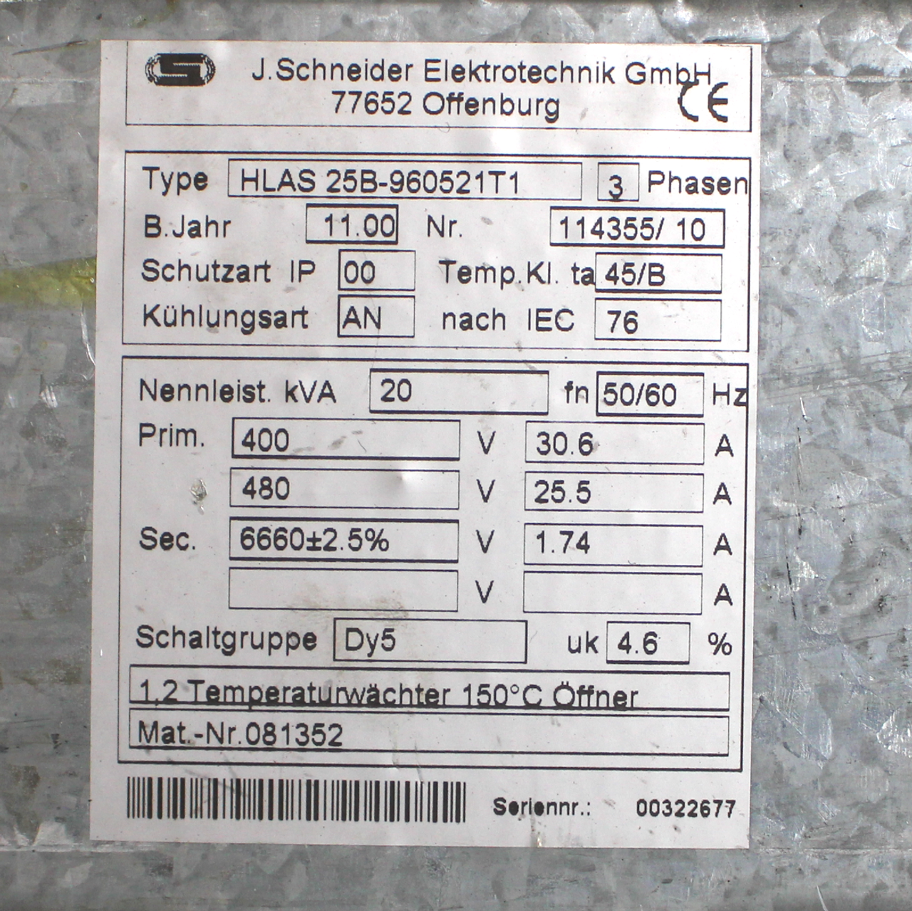 Schneider HLAS 25B-960521T1 3-Phase Transformer 20KVA 480V