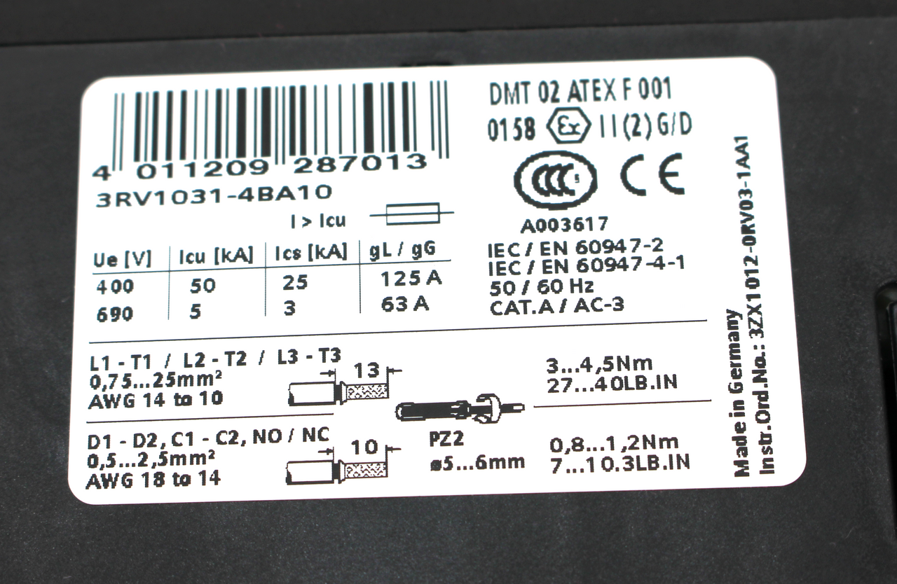 Siemens 3RV1031-4BA10 Motor Protection Circuit Breaker