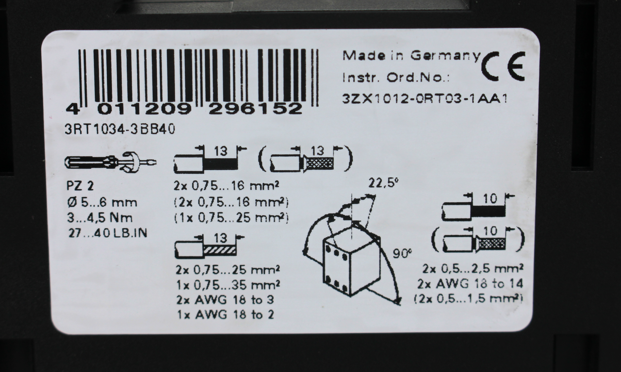 Siemens 3RT1034-1BB40 Power Contactor, AC-3, 32A, 15kW 400V, 24VDC, 3-Pole, S2 For Sale | Surplus Record