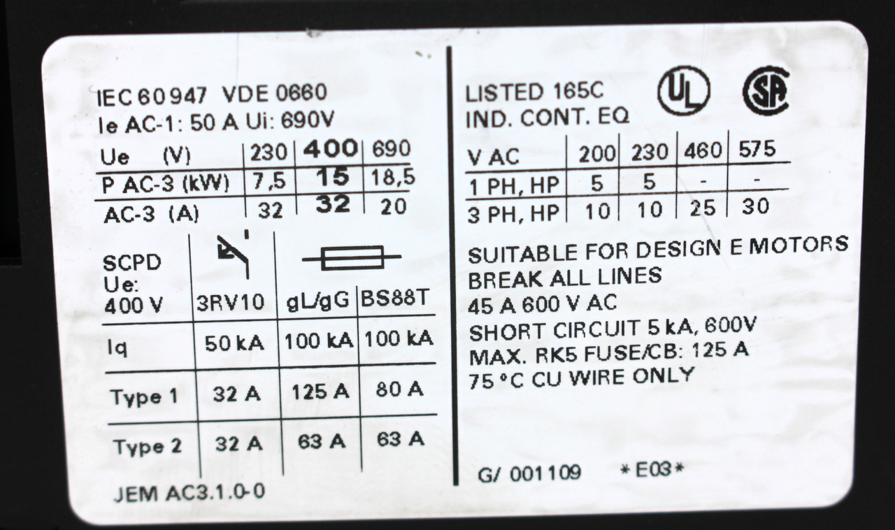 Siemens 3RT1034-3B Contactor 45 Amps