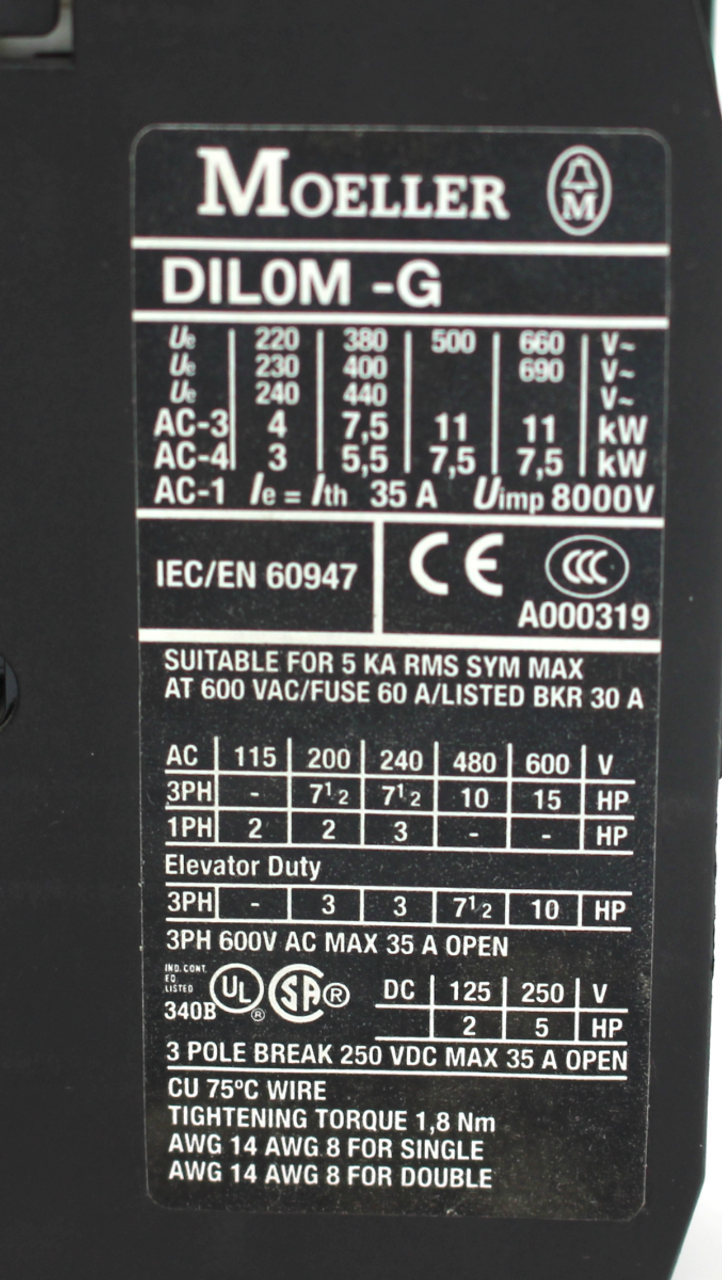 Moeller DIL0M-G Contactor 3 Pole, 35A Open