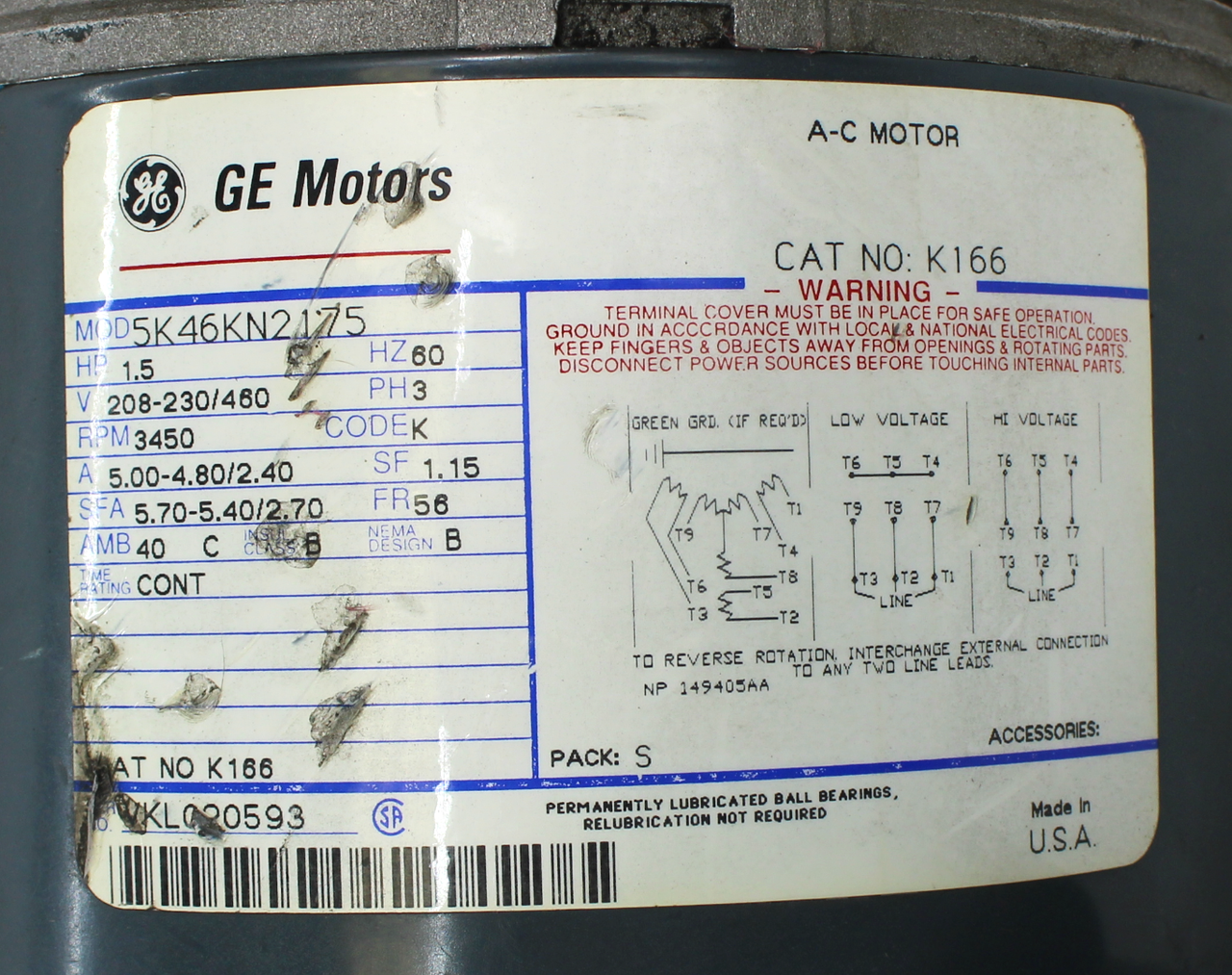 GE Motors 3-Phase 1.5Hp AC Motor 5K46KN2175, 3450RPM