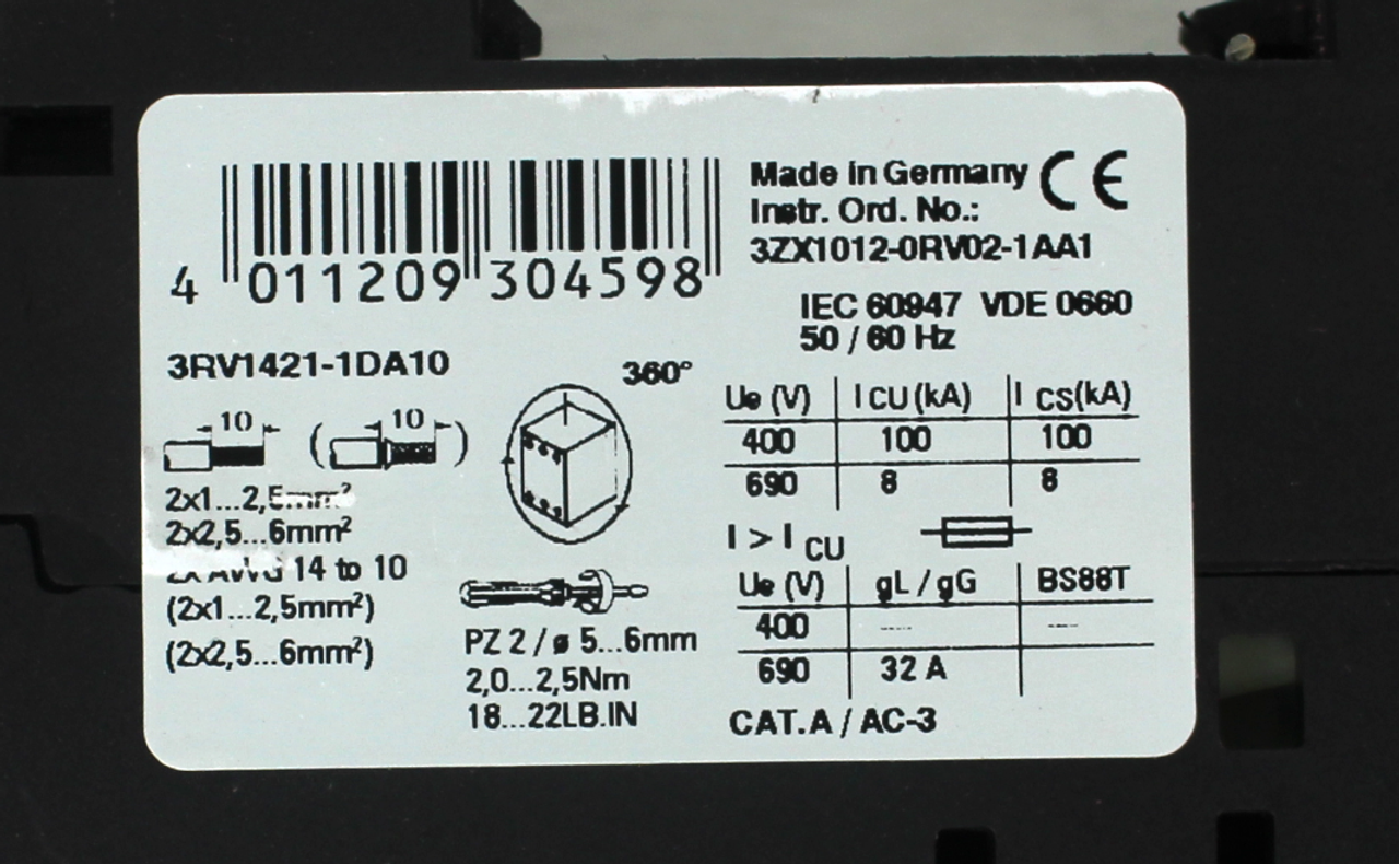 Siemens 3RV1421-1DA10 Circuit Breaker 3.2A