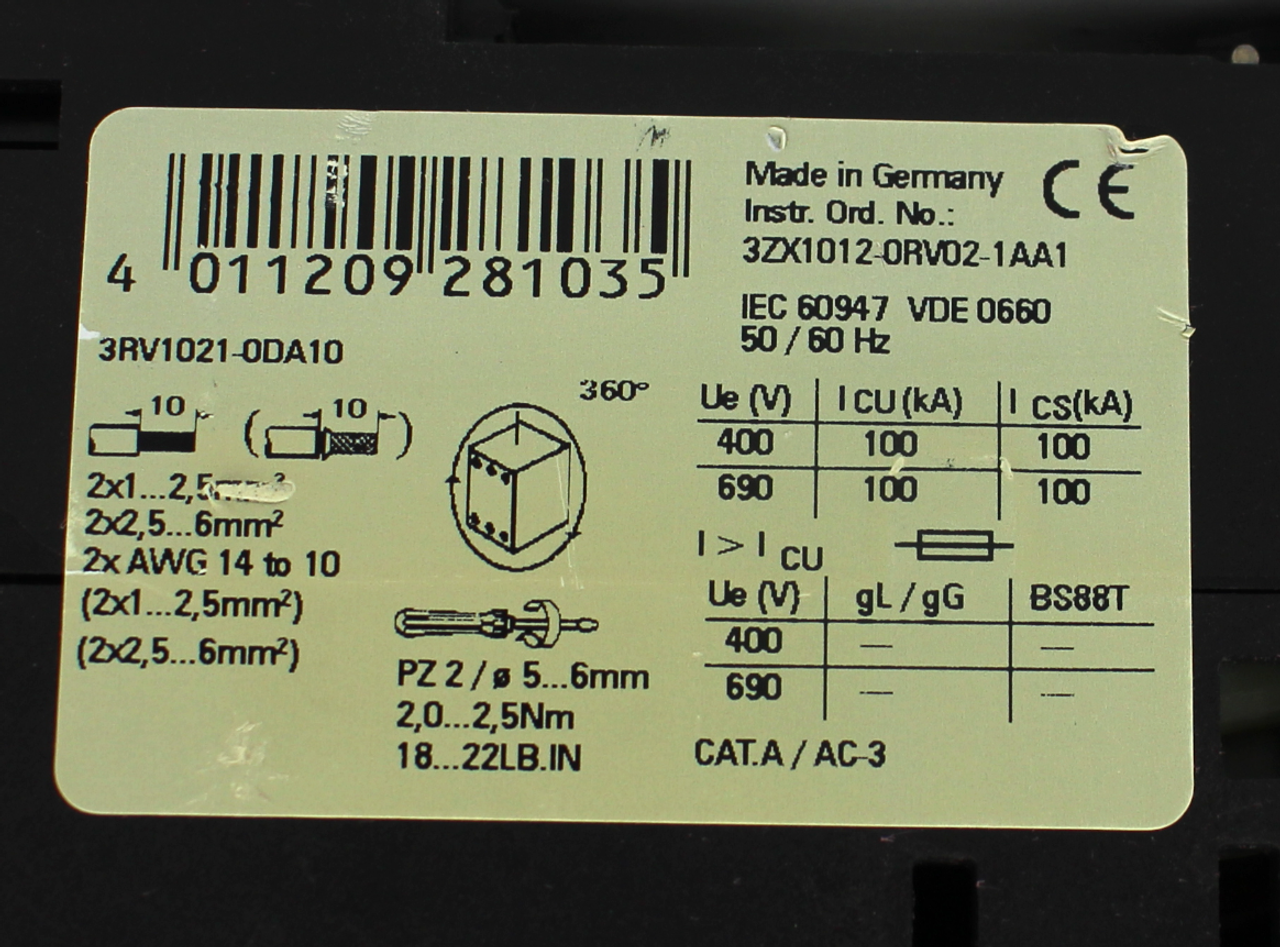 Siemens 3RV1021-0DA10 Circuit Breaker 0.32A, 3 Pole