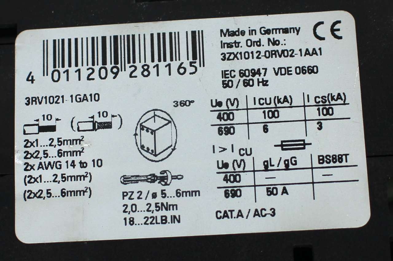 Siemens 3RV1021-1GA10 Circuit Breaker 6.3A, 3 Pole