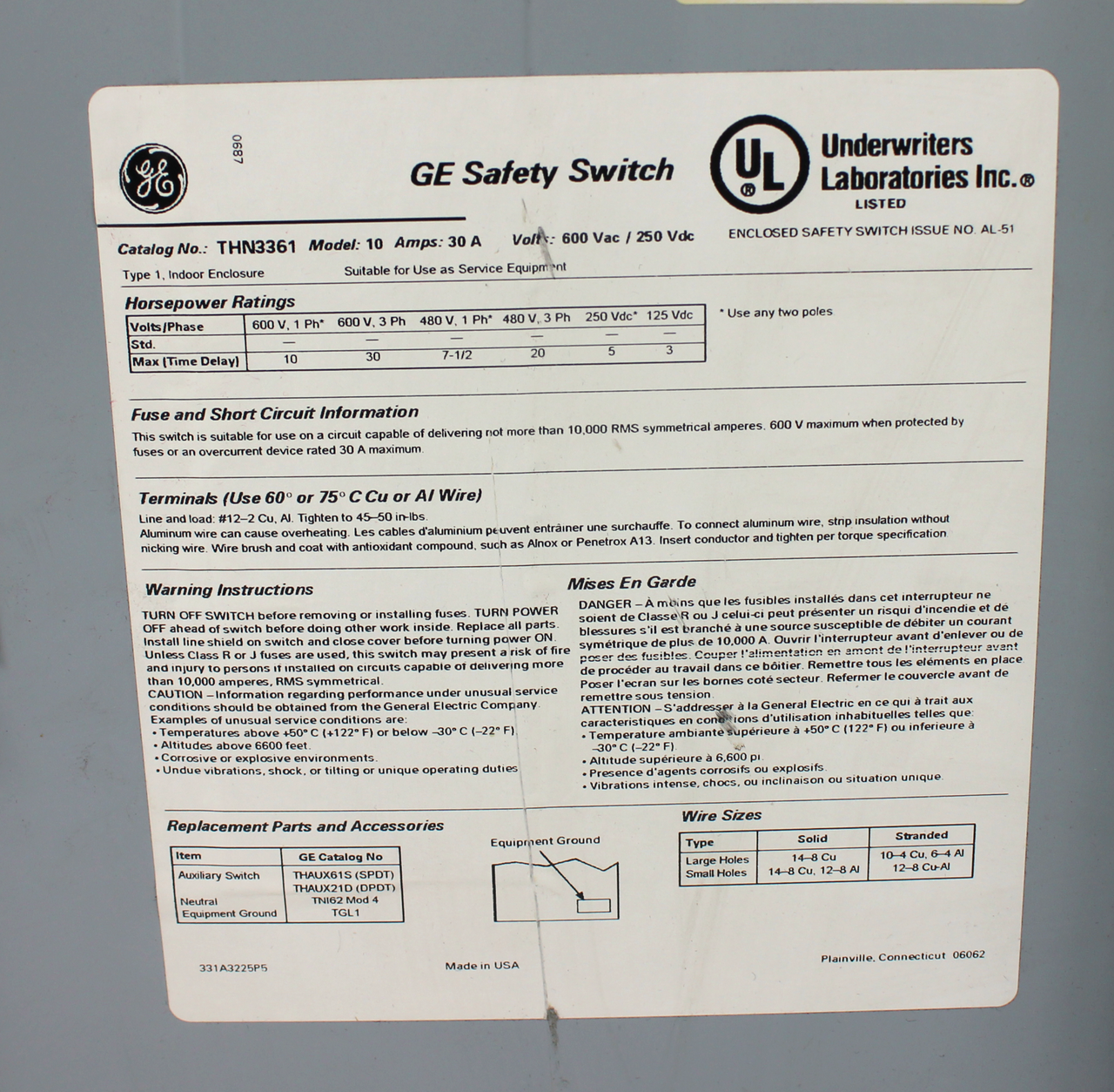 General Electric THN3361 Enclosed Safety Switch Module, Model 10, 30A