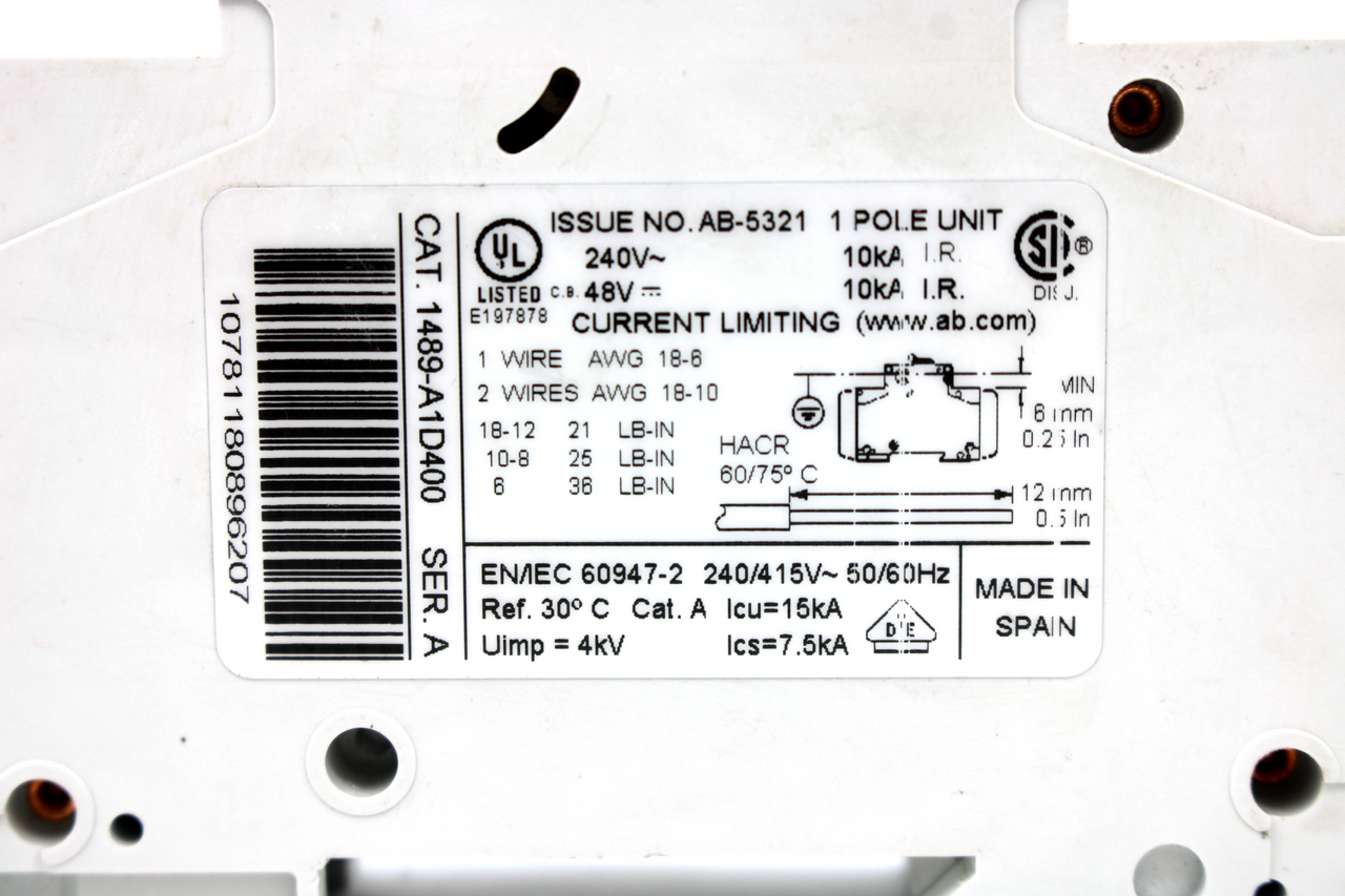 Allen Bradley 1489-A1D400 Ser. A Circuit Breaker, 1-Pole, 40 Amp