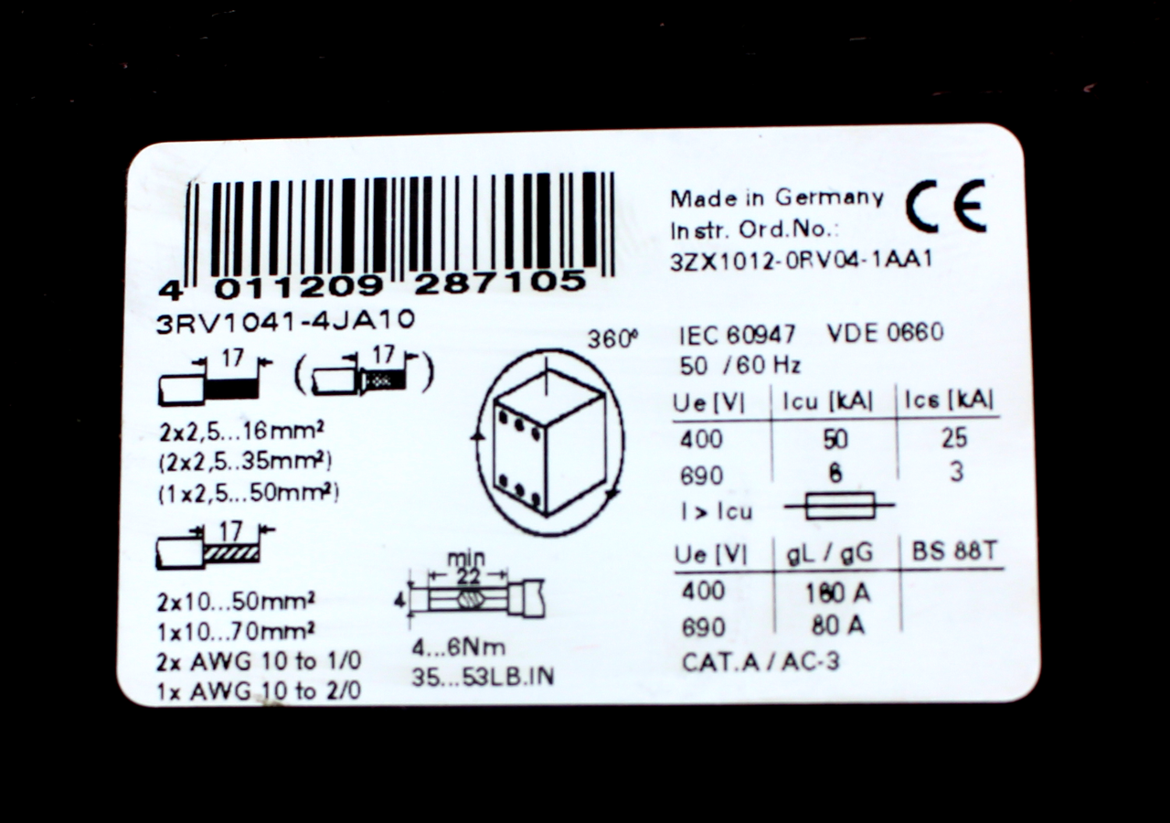 Siemens 3RV1041-4JA10 Motor Starter Protector 45-63A, 3 Pole