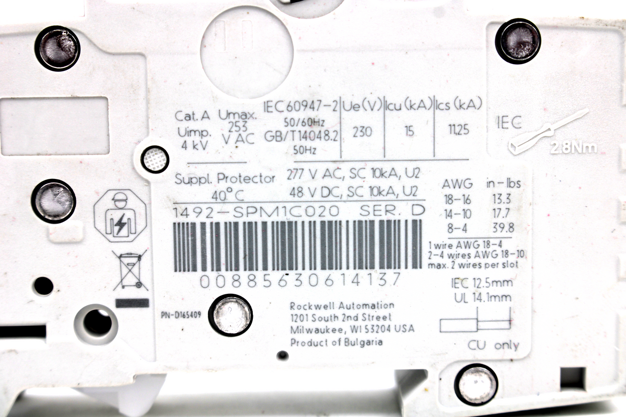 Allen Bradley 1492-SPM1C020 Ser. D Circuit Breaker, 2 Amp, 1-Pole