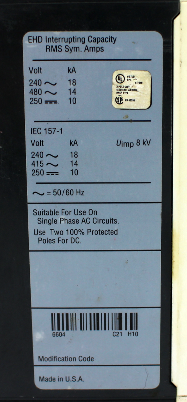 Cutler-Hammer EHD2020L Industrial Circuit Breaker, 2 Pole, 30A