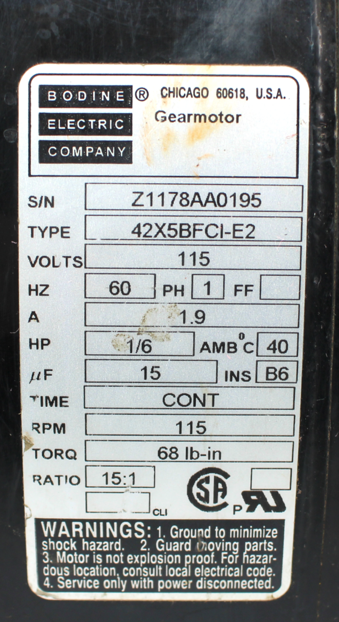 Bodine Electric 42X5BFCI-E2 Gear Motor, 115V, 1 Phase