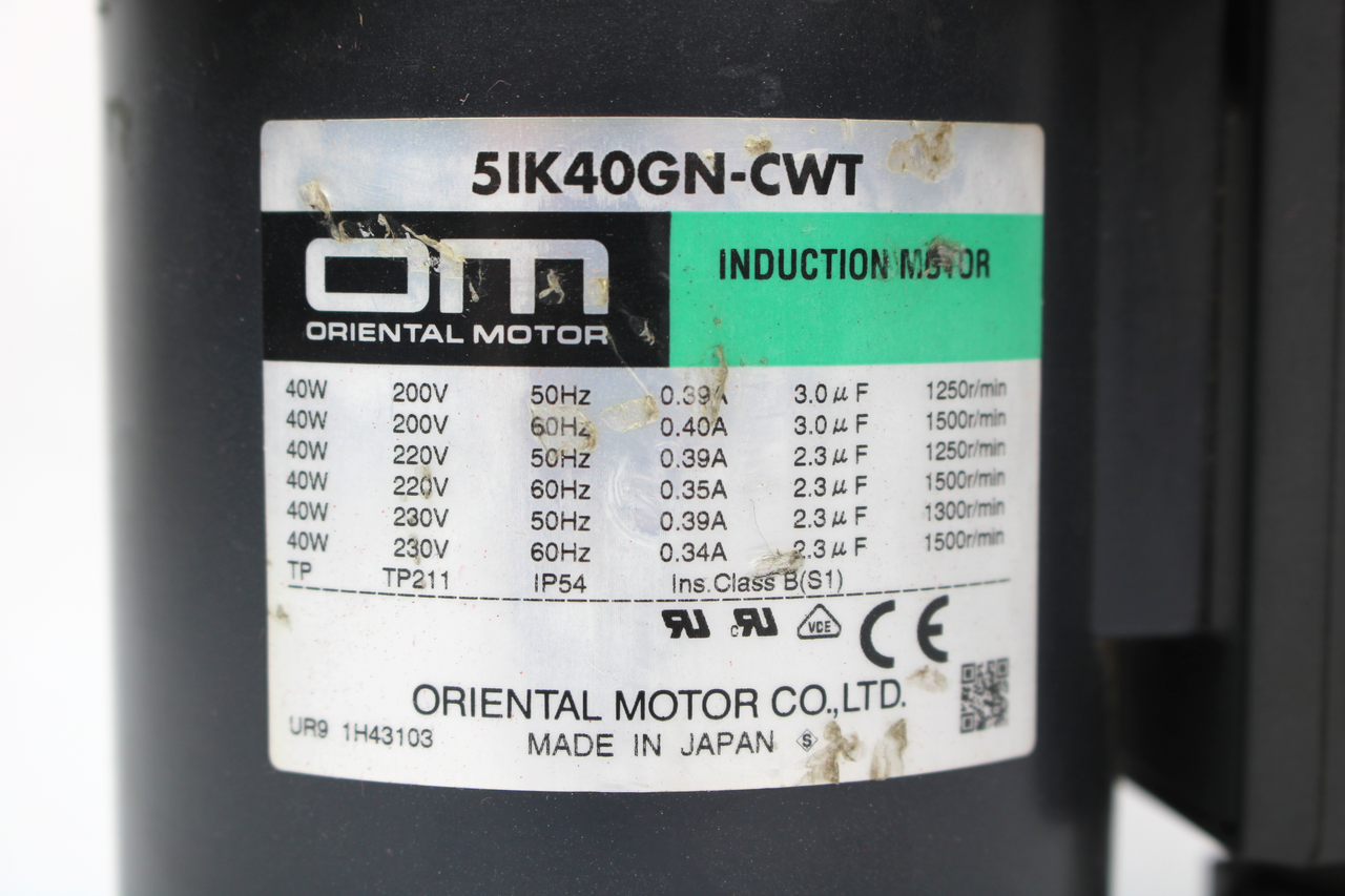 Oriental Motor 5IK40GN-CWT Induction Motor w/ 5GN120KA Gear Head, 40W, 1500 r/min