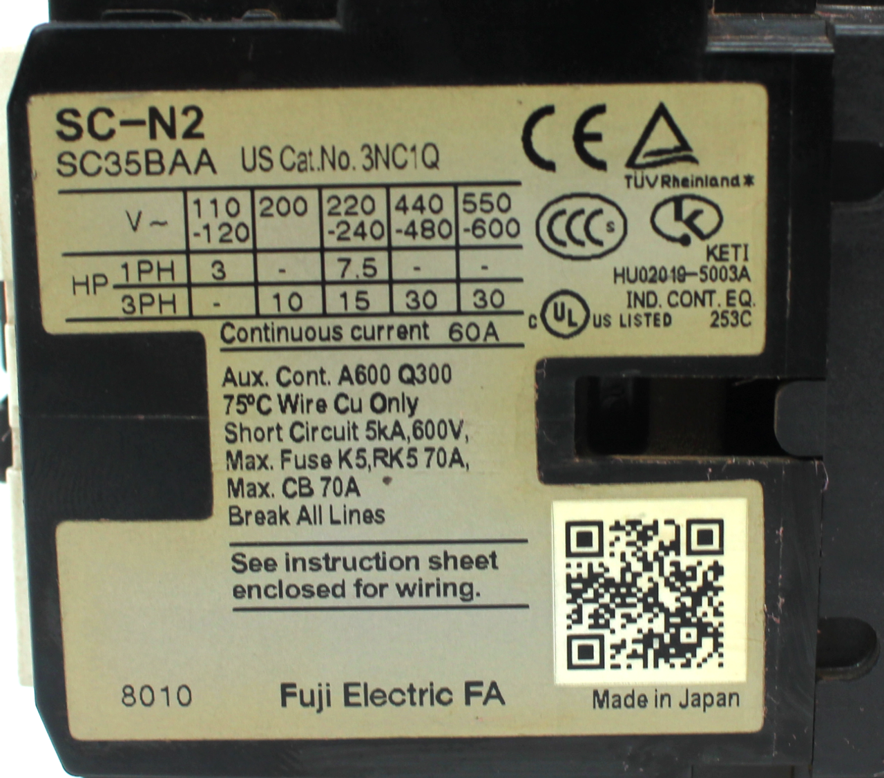 Fuji Electric SC-N2, SC35BAA Contactor, 600V, 70A