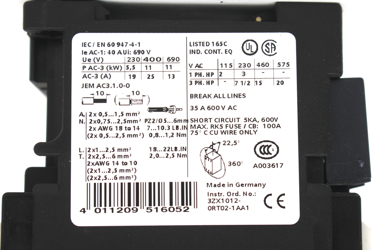 Siemens 3ZX1012-0RT02-1AA1 Contactor w/ 3RH1921-1HA22-3AA1 Auxiliary ...