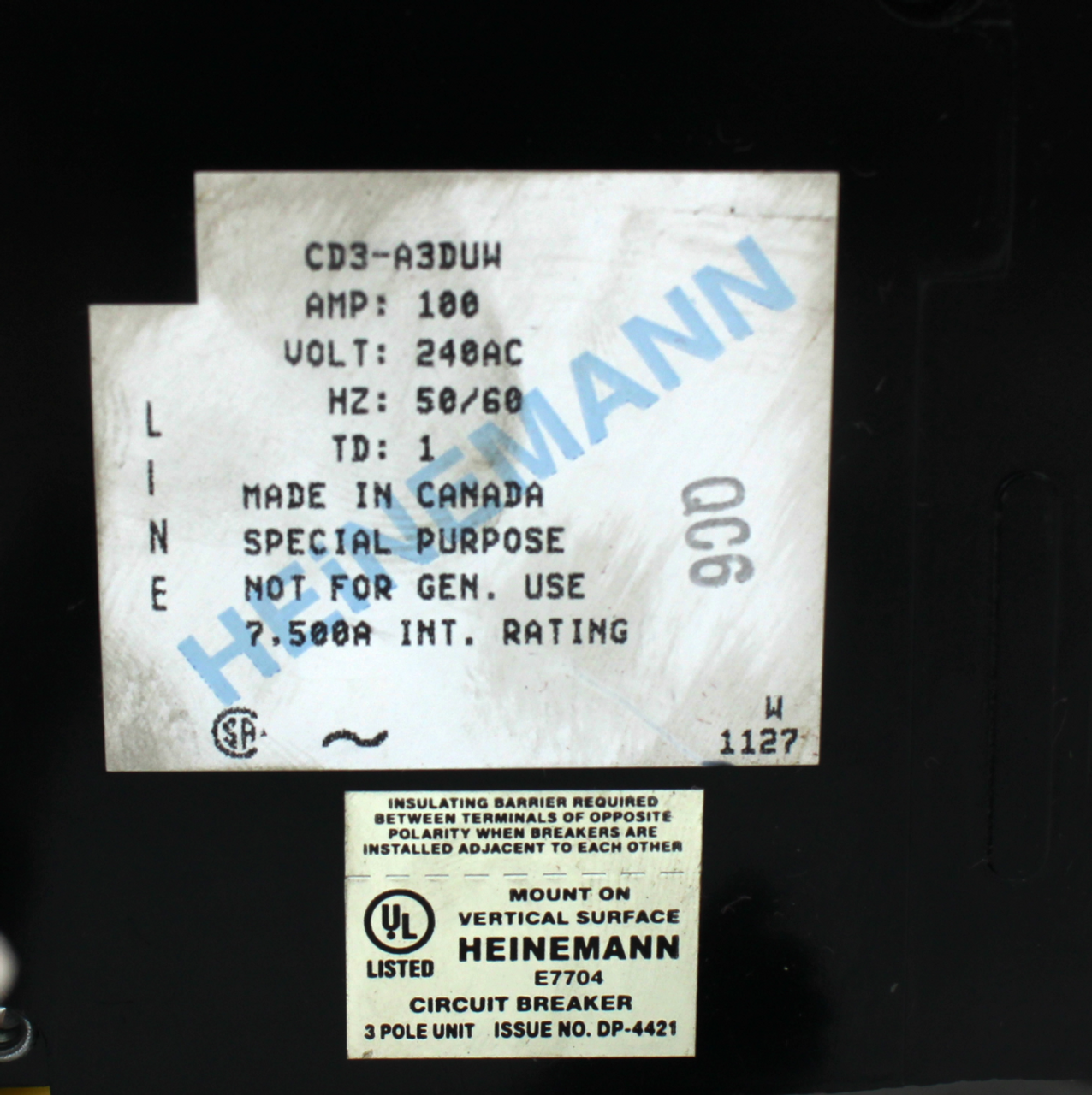 Heinemann CD3-A3DUW Circuit Breaker, 3 Pole, 100A, 240VAC