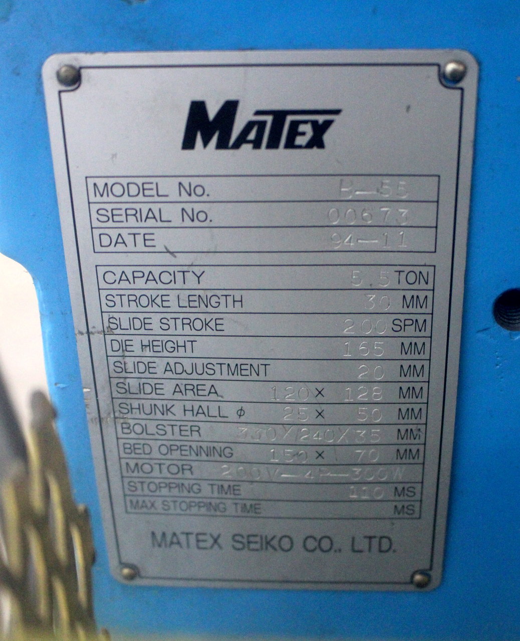 Matex Seiko B-55 Press, 5.5 Ton Capacity, 30mm Stroke