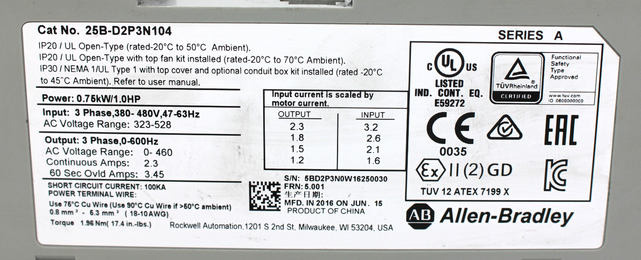 Allen Bradley 25B-D2P3N104 AC Drive, 480V ***NO COVER***