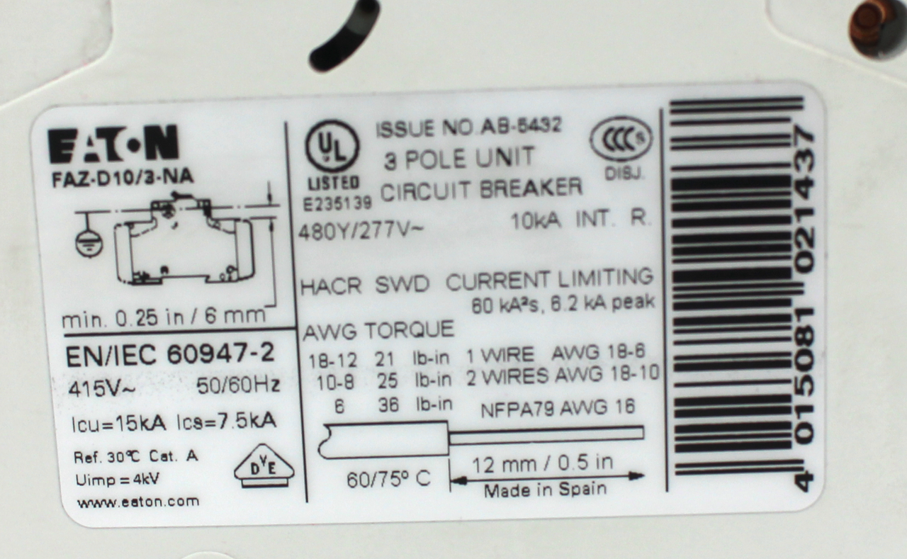 Eaton FAZD10/3NA Circuit Breaker, 3Pole w/ ZIHKNA Auxiliary