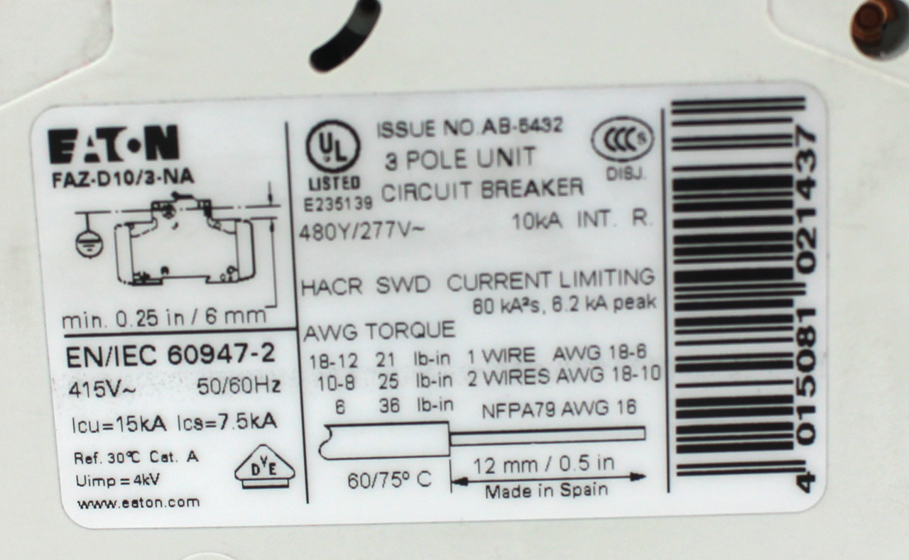 Eaton FAZ-D10/3-NA Circuit Breaker, 3-Pole w/ Z-IHK-NA Auxiliary Contact 5VDC