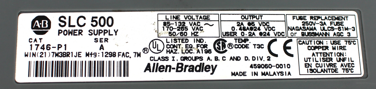 Allen Bradley 1746-P1 SLC 500 4-Slot Power Supply, Ser.A