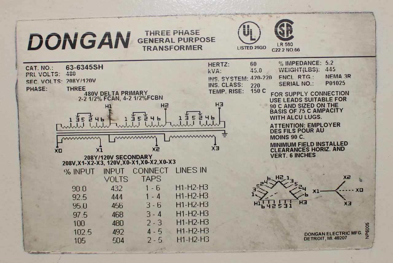 Dongan 63-6345SH 3 Phase Transformer, 480 V-208/120V, 45KVA
