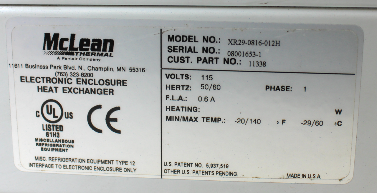Mclean XR29-0816-012H Electronic Enclosure Heat Exchanger, 1 Phase, 115V