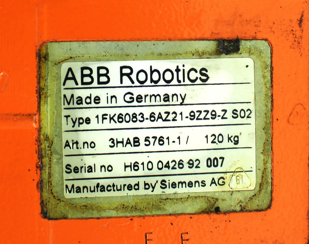 ABB Robotics 1FK6083-6AZ21-9ZZ9-ZS02 AC Servo Motor, 3HAB5761-1, 120kg