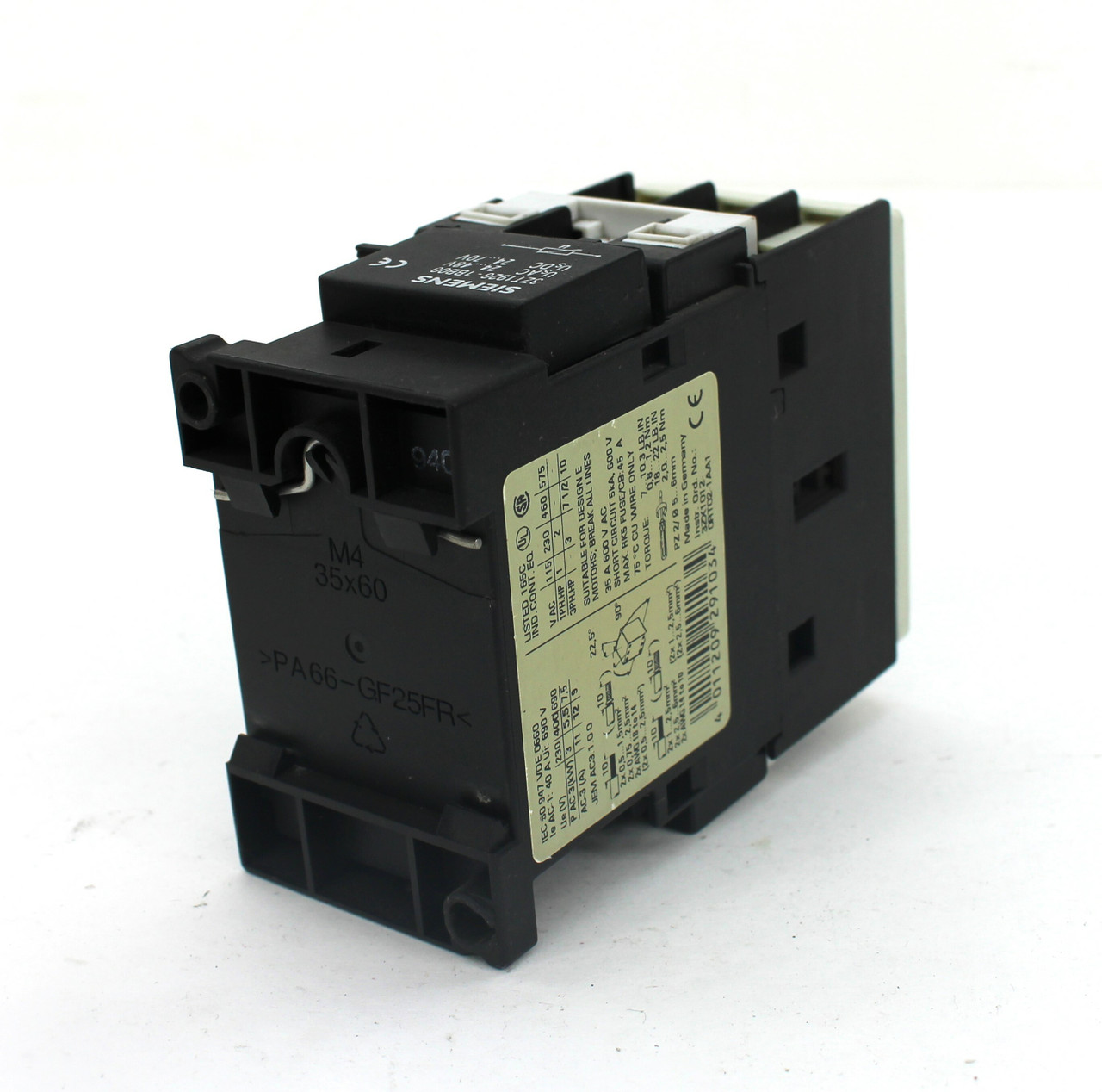 Siemens 3RT1024-1B..0 Contactor, 600 VAC, 35 Amps, 3 Pole