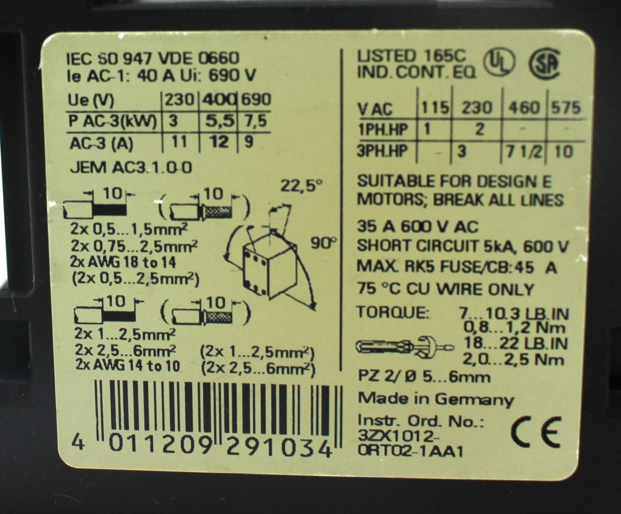 Siemens 3RT1024-1B..0 Contactor, 600 VAC, 35 Amps, 3 Pole