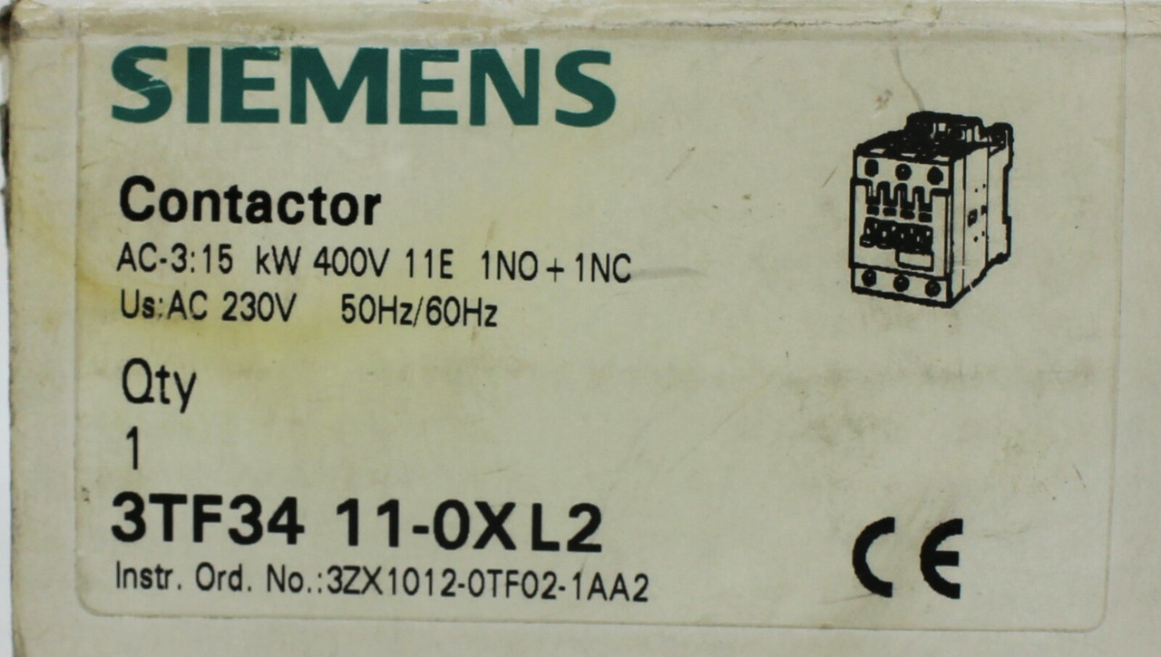Siemens 3TF34 11-0XL2 Contactor,3 Pole,230 V Coil, 55 Amp