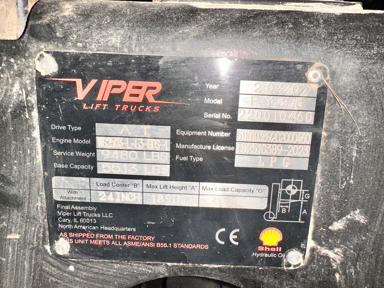 2020 Viper 5500Lb Forklift Pneumatic Tire 3 Stage Mast w/ Side Shift 300 hours
