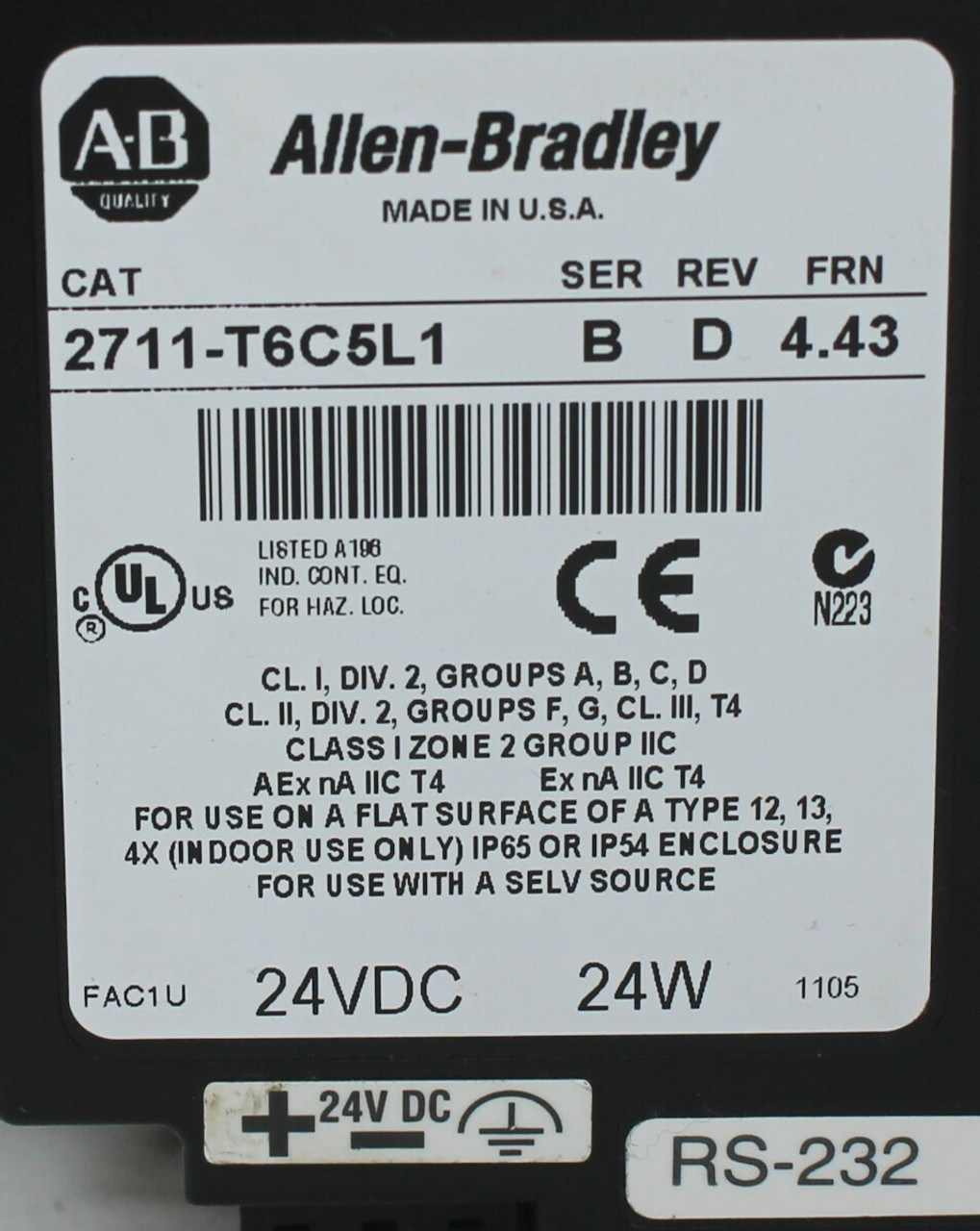 Allen Bradley 2711-T6C5L1 Panel View 600 Operator Interface Panel Ser.B