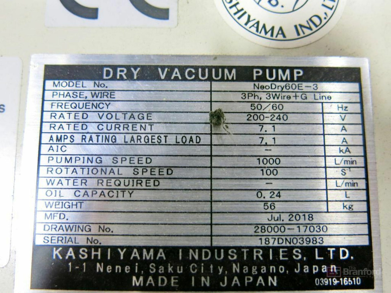 Kashiyama Neodry 60E Dry Vacuum Pump Air Cooled 35.3 CFM 200-240V 3 Ph New