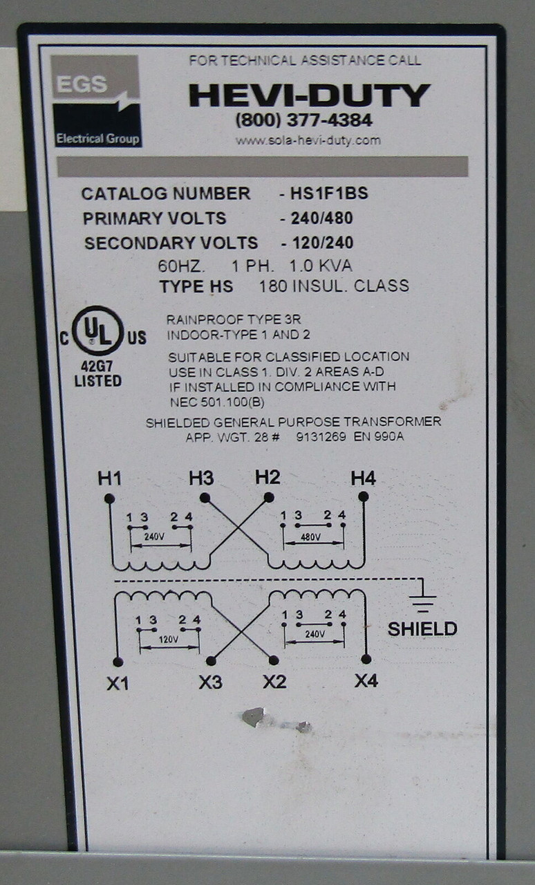 EGS Sola HS1F1BS 1 Phase Transformer 60Hz