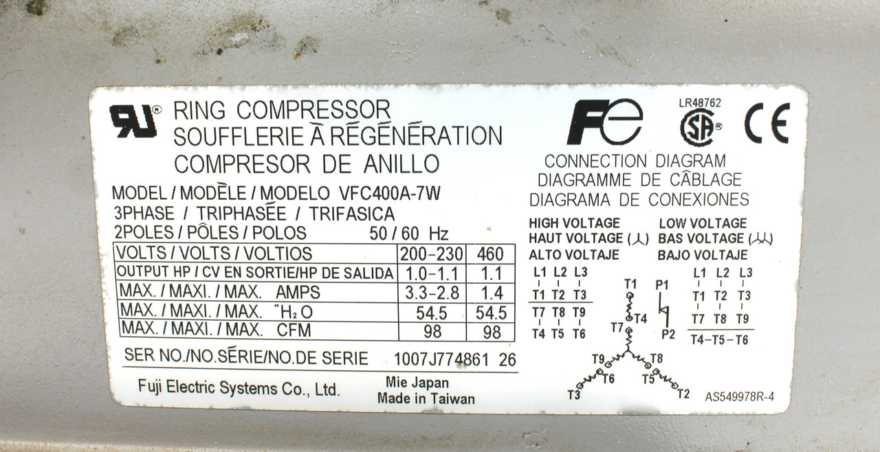 Fuji Electric VFC400A-7W Ring Compressor, 3-Phase, 2-Pole